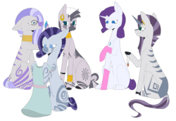 Size: 1732x1192 | Tagged: safe, artist:icicle-niceicle-1517, artist:sychia, color edit, edit, rarity, zecora, oc, oc:cyathea jade, oc:jasmine teff, oc:opal callicarpa, hybrid, pony, unicorn, zebra, zony, icey-verse, g4, bracelet, clothes, collaboration, colored, dress, dress up, ear piercing, earring, family, female, glasses, interspecies offspring, jewelry, magical lesbian spawn, mare, mother and daughter, necklace, offspring, parent:rarity, parent:zecora, parents:raricora, piercing, raricora, simple background, socks, transparent background, zebra oc