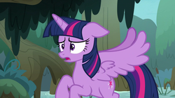 Size: 1280x720 | Tagged: safe, screencap, twilight sparkle, alicorn, pony, g4, the mean 6, everfree forest, female, floppy ears, flying, mangrove tree, sad, shocked, solo, swamp, tree, twilight sparkle (alicorn), wings