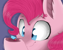 Size: 1024x819 | Tagged: safe, artist:feathershine1, pinkie pie, earth pony, pony, g4, school daze, bust, close-up, ear fluff, female, frog (hoof), holding, micro, party cannon, portrait, simple background, solo, the world's smallest party cannon, underhoof