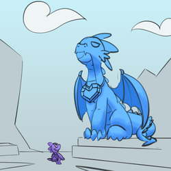 Size: 1280x1280 | Tagged: safe, artist:pabbley, spike, dragon, g4, 30 minute art challenge, cloud, gem, looking up, male, partial color, sapphire, sky, statue, winged spike, wings