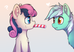 Size: 4000x2786 | Tagged: safe, artist:senaelik, bon bon, lyra heartstrings, sweetie drops, earth pony, pony, unicorn, g4, adorabon, candy, candy cane, confused, couple, cute, ear fluff, eating, female, food, heart, heart eyes, lesbian, lollipop, looking at each other, lyrabetes, mare, ponified, puzzled, ship:lyrabon, shipping, smiling, wingding eyes