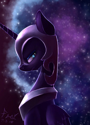 Size: 2400x3360 | Tagged: safe, artist:foughtdragon01, nightmare moon, alicorn, pony, g4, female, flowing mane, helmet, high res, looking back, mare, regalia, signature, slit pupils, solo