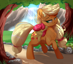 Size: 3200x2800 | Tagged: safe, artist:madacon, apple bloom, applejack, earth pony, pony, g4, adorabloom, apple bloom riding applejack, apple sisters, carrying, chest fluff, crepuscular rays, cute, daaaaaaaaaaaw, dappled sunlight, duo, eyes closed, female, filly, grass, high res, looking over shoulder, mare, pathway, ponies riding ponies, resting, riding, scenery, sibling love, siblings, sisterly love, sisters, sleeping, smiling, sunshine, tree, water, waterfall