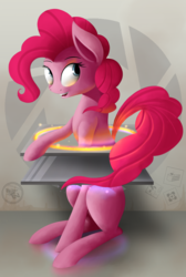 Size: 3023x4506 | Tagged: safe, artist:quefortia, pinkie pie, earth pony, pony, g4, aperture science, black forest cake, cake, companion cube, crossover, female, food, mare, portal, portal (valve), solo, test chamber