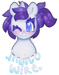 Size: 2767x3537 | Tagged: safe, artist:bunxl, oc, oc only, oc:indigo wire, pony, unicorn, badge, bust, female, high res, looking at you, mare, one eye closed, ponytail, portrait, simple background, solo, transparent background, wingding eyes, wink