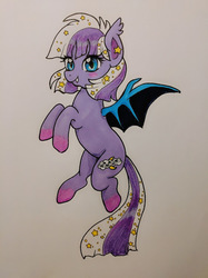 Size: 476x635 | Tagged: safe, artist:metalamethyst, oc, oc:sweet lullaby, bat pony, bat pony oc, bat wings, ear piercing, earring, fangs, jewelry, piercing, stars, traditional art