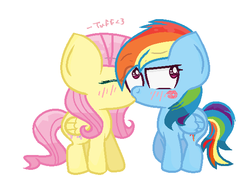 Size: 590x438 | Tagged: safe, artist:tuff--rubies, fluttershy, rainbow dash, g4, female, kissing, lesbian, ship:flutterdash, shipping