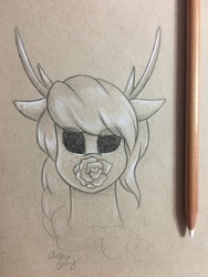 Size: 3024x4032 | Tagged: safe, artist:chelseaz123, oc, oc only, deer, antlers, female, flower, monochrome, solo, traditional art