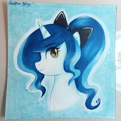 Size: 3018x3018 | Tagged: safe, artist:chelseaz123, oc, oc only, pony, unicorn, bow, bust, female, high res, mare, ponytail, portrait, signature, solo, traditional art