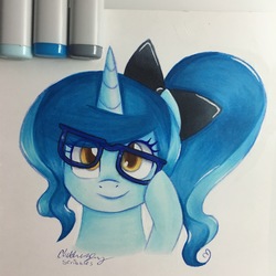 Size: 3024x3024 | Tagged: safe, artist:chelseaz123, oc, oc only, pony, unicorn, bow, female, glasses, high res, looking at you, mare, marker drawing, markers, ponytail, signature, smiling, solo, traditional art