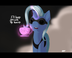 Size: 1300x1050 | Tagged: safe, artist:styroponyworks, trixie, pony, unicorn, g4, crossover, cup, dialogue, female, glowing horn, goggles, horn, magic, mare, movie reference, parody, riddick, solo, teacup, the chronicles of riddick
