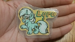 Size: 3264x1836 | Tagged: safe, artist:binkyt11, derpibooru exclusive, lyra heartstrings, pony, unicorn, g4, female, looking at you, mare, solo, sticker, traditional art, waving