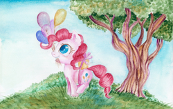 Size: 3000x1900 | Tagged: safe, artist:0okami-0ni, pinkie pie, pony, g4, balloon, female, filly, mouth hold, present, smiling, solo, traditional art, tree, watercolor painting, younger