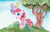 Size: 3000x1900 | Tagged: safe, artist:0okami-0ni, pinkie pie, earth pony, pony, g4, balloon, female, filly, mouth hold, present, smiling, solo, traditional art, tree, watercolor painting, younger