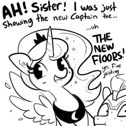Size: 1650x1650 | Tagged: safe, artist:tjpones, princess luna, alicorn, pony, g4, :i, caught, dialogue, female, grin, implied straight, mare, monochrome, royal guard, smiling, spread wings, suspicious, sweat, wingboner, wings