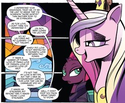 Size: 1226x1013 | Tagged: safe, artist:andypriceart, idw, official comic, princess cadance, tempest shadow, alicorn, pony, unicorn, g4, spoiler:comic, spoiler:comic67, armor, broken horn, cropped, duo, eye scar, female, horn, mare, princess of love, scar, speech bubble, stained glass, tempest's tale, text, wall of text