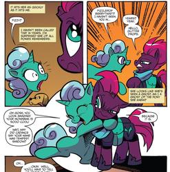 Size: 1208x1224 | Tagged: safe, artist:andy price, idw, official comic, fizzlepop berrytwist, glitter drops, tempest shadow, dog, pony, unicorn, g4, spoiler:comic, spoiler:comic67, annoyed, armor, broken horn, comic, cropped, duo, eye scar, female, hoof shoes, horn, hug, mare, reunion, scar, shipping fuel, speech bubble, surprised, tempest shadow is not amused, tempest's tale, tsundere, unamused