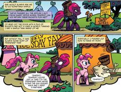 Size: 1262x965 | Tagged: safe, artist:andypriceart, idw, official comic, pinkie pie, tempest shadow, earth pony, pony, unicorn, g4, spoiler:comic, spoiler:comic67, armor, broken horn, comic, cropped, duo, eye scar, female, hoof shoes, horn, mare, rope, running away, scar, speech bubble, tempest's tale