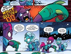 Size: 1257x953 | Tagged: safe, artist:andy price, idw, official comic, glitter drops, tempest shadow, fish, pony, unicorn, g4, spoiler:comic, spoiler:comic67, actually salmon for once, angry, armor, broken horn, clothes, comic, cropped, dead, eye scar, faic, failed attempt at drama, female, horn, mare, saddle bag, scar, scarf, speech bubble, tempest's tale, x eyes, yelling