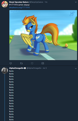 Size: 583x898 | Tagged: safe, artist:skipsy, edit, spitfire, pegasus, pony, g4, butt, butts, clothes, female, mare, meta, outfit, plot, rear view, solo, text, twitter, uniform, wonderbolts uniform