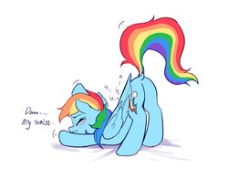 Size: 1850x1370 | Tagged: safe, artist:luciferamon, rainbow dash, pegasus, pony, g4, blushing, butt, eyes closed, face down ass up, female, iwtcird, mare, plot, rainbutt dash, simple background, solo, stretching, white background