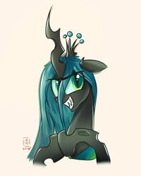 Size: 1271x1589 | Tagged: safe, artist:wildetrashbag, queen chrysalis, changeling, changeling queen, g4, crown, female, grin, jewelry, mare, regalia, simple background, smiling, solo