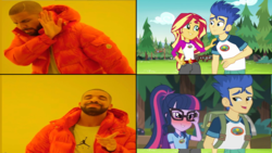 Size: 1021x575 | Tagged: safe, edit, edited screencap, screencap, flash sentry, sci-twi, sunset shimmer, twilight sparkle, human, equestria girls, g4, my little pony equestria girls: legend of everfree, camp everfree outfits, drake, female, hotline bling, irl, irl human, male, meme, photo, ship:flashlight, ship:sci-flash, shipping, shipping war, straight