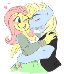 Size: 1664x1900 | Tagged: safe, artist:liziedoodle, fluttershy, oc, oc:blank space, pegasus, anthro, g4, blushing, breasts, canon x oc, cheek kiss, cleavage, clothes, colored, colored sketch, female, heart, kissing, male, mare, shipping, shy, sketch, smiling, stallion, tank top, wings