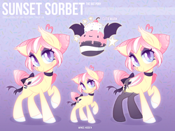 Size: 4000x3000 | Tagged: safe, artist:zombie, oc, oc only, oc:sunset sorbet, bat pony, pony, bat pony oc, bow, clothes, collar, female, garter belt, looking at you, mare, reference sheet, solo, stockings, tail bow, thigh highs