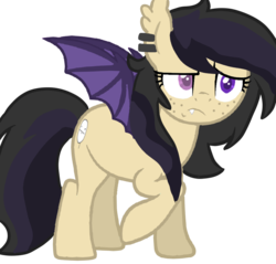Size: 914x874 | Tagged: safe, artist:darkwolfhybrid, oc, oc only, oc:darkius wolficus, bat pony, pony, ear piercing, earring, female, freckles, frown, jewelry, piercing, raised hoof, simple background, solo, transparent background, vector