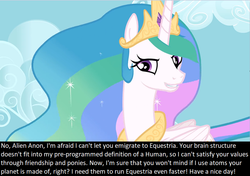 Size: 960x674 | Tagged: safe, edit, edited screencap, screencap, princess celestia, oc, oc:celestai, alicorn, alien, pony, fanfic:friendship is optimal, g4, keep calm and flutter on, artificial intelligence, bronybait, caption, female, image macro, mare, meta, mouthpiece, nothing personal, out of character, racism, smiling, solo, speciesism, text, this will end in death, this will not end well, trollestia