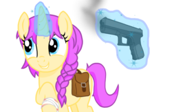 Size: 1110x720 | Tagged: safe, artist:pizzamovies, derpibooru exclusive, oc, oc only, oc:sparkle dancer, pony, unicorn, bandage, blood, braid, cute, female, glock, grin, gun, handgun, levitation, looking up, magic, mare, ocbetes, pistol, raised hoof, saddle bag, simple background, smiling, smoke, solo, telekinesis, this will end in tears and/or death, vector, weapon, white background