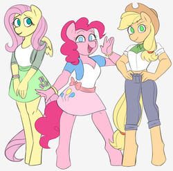 Size: 1600x1580 | Tagged: safe, artist:liziedoodle, applejack, fluttershy, pinkie pie, earth pony, pegasus, anthro, unguligrade anthro, g4, clothes, colored, colored sketch, equestria girls outfit, open mouth, sketch, smiling, trio