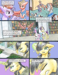 Size: 1950x2550 | Tagged: safe, artist:tillie-tmb, oc, oc:strafe, oc:wingline, pegasus, pony, unicorn, comic:the amulet of shades, comic, female, magic, male, mare, stallion, traditional art