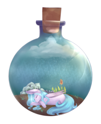 Size: 2104x2576 | Tagged: safe, artist:harmonyskish, oc, oc only, oc:moonflare, pegasus, pony, bottle, female, high res, mare, pony in a bottle, prone, rain, simple background, solo, transparent background