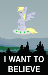 Size: 4482x7011 | Tagged: safe, artist:merik1337, artist:taika403, derpy hooves, pegasus, pony, g4, absurd resolution, cute, derpabetes, female, i want to believe, parody, poster, seat, solo, ufo, vector, x-files