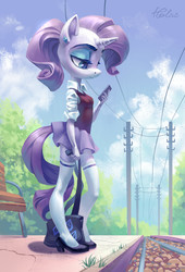 Size: 1771x2598 | Tagged: safe, artist:holivi, rarity, unicorn, anthro, plantigrade anthro, g4, beautiful, bench, bipedal, cellphone, clothes, cute, female, high heels, moe, phone, railroad, redraw, shoes, shoulder bag, skirt, skirt lift, socks, solo, thigh highs, waiting, younger, zettai ryouiki