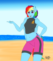 Size: 2481x2843 | Tagged: safe, artist:salamishowdown, rainbow dash, anthro, plantigrade anthro, g4, my little pony equestria girls: better together, beach, belly button, clothes, equestria girls outfit, female, high res, midriff, solo, swimsuit