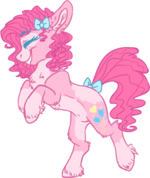 Size: 648x767 | Tagged: safe, artist:dashkatortik12222222, pinkie pie, earth pony, pony, g4, alternate design, bow, bowtie, chest fluff, eyes closed, female, hair bow, happy, mare, pale belly, raised hoof, rearing, simple background, smiling, solo, standing, standing on one leg, tail bow, unshorn fetlocks, white background