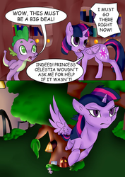 Size: 752x1062 | Tagged: safe, artist:kimmicatgreentea, spike, twilight sparkle, alicorn, pony, comic:curse and madness, g4, comic, female, flying, golden oaks library, mare, mlpcam, text bubbles, twilight sparkle (alicorn)