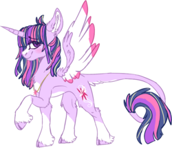 Size: 975x838 | Tagged: safe, artist:dashkatortik12222222, twilight sparkle, alicorn, pony, g4, cloven hooves, coat markings, colored wings, female, jewelry, leonine tail, looking at you, mare, necklace, pale belly, redesign, simple background, socks (coat markings), solo, twilight sparkle (alicorn), unshorn fetlocks, white background, white belly, wings