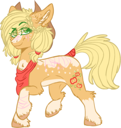 Size: 805x853 | Tagged: safe, artist:dashkatortik12222222, applejack, earth pony, pony, g4, bandana, cute, eye clipping through hair, female, freckles, jackabetes, looking at you, mare, pale belly, pigtails, redesign, scar, simple background, solo, tail wrap, twintails, unshorn fetlocks, white background