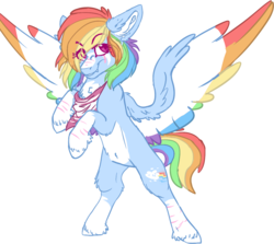 Size: 999x891 | Tagged: safe, artist:dashkatortik12222222, rainbow dash, pegasus, pony, g4, bandage, colored wings, colored wingtips, female, looking at you, mare, pale belly, rearing, redesign, scar, simple background, smiling, snaggletooth, solo, spread wings, white background, white belly, wings