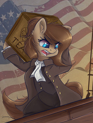 Size: 6096x8128 | Tagged: safe, artist:ardail, oc, oc only, oc:mocha latte, earth pony, pony, 4th of july, absurd resolution, american revolution, boston tea party, clothes, female, flag, food, holiday, murica, open mouth, ship, solo, tea, united states