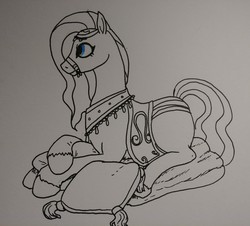 Size: 2350x2128 | Tagged: safe, artist:pony quarantine, amira, horse, pony, saddle arabian, g4, bridle, high res, partial color, pillow, simple background, solo, tack, traditional art, white background
