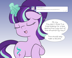 Size: 3000x2400 | Tagged: safe, starlight glimmer, pony, unicorn, series:glimmering spectacle, g4, ask, dialogue, eyes closed, female, glowing horn, high res, horn, solo, tumblr