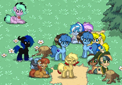 Size: 1427x997 | Tagged: safe, oc, oc only, oc:meno, oc:mewio, pony, pony town, coonskin cap, dirt, flower, grass, nom, owo, tail bite, tree