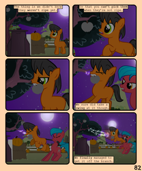 Size: 900x1080 | Tagged: safe, artist:lister-of-smeg, oc, oc only, oc:crosspatch, oc:lazybug, earth pony, pony, comic:zap-o-lantern, apple, colt, comic, female, food, male, mare, night, pumpkin, tree, unripe zap apple, zap apple, zap apple tree