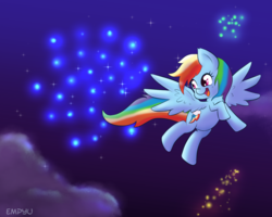 Size: 1000x800 | Tagged: safe, artist:empyu, rainbow dash, pony, g4, cloud, female, fireworks, flying, mare, night, signature, sky, solo, stars