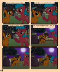 Size: 900x1080 | Tagged: safe, artist:lister-of-smeg, oc, oc only, oc:crosspatch, oc:lazybug, earth pony, pony, comic:zap-o-lantern, apple, colt, comic, female, food, male, mare, night, pumpkin, tree, unripe zap apple, zap apple, zap apple tree